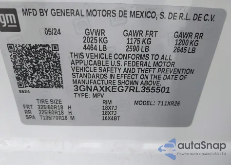 2024 Chevrolet Equinox Fwd Lt z USA, uszkodzony, nr VIN 3GNAXKEG7RL355501